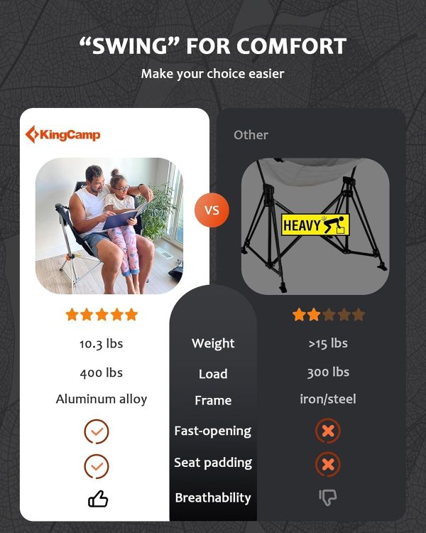 KingCamp Hammock Camping Chair, Swinging Portable Folding Camp Chairs for Adults Max 400lbs Heavy Duty Foldable Oversized Rocker with Aluminum Alloy Frame Cup Holder for Outdoor Beach Patio Sport - Image 5